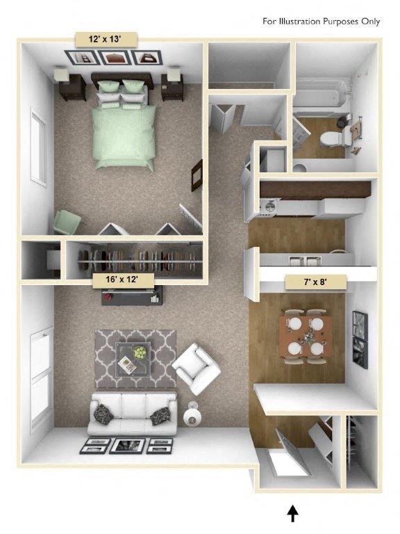 Floor plan for 1 bed, 1 bath, 700 sqft